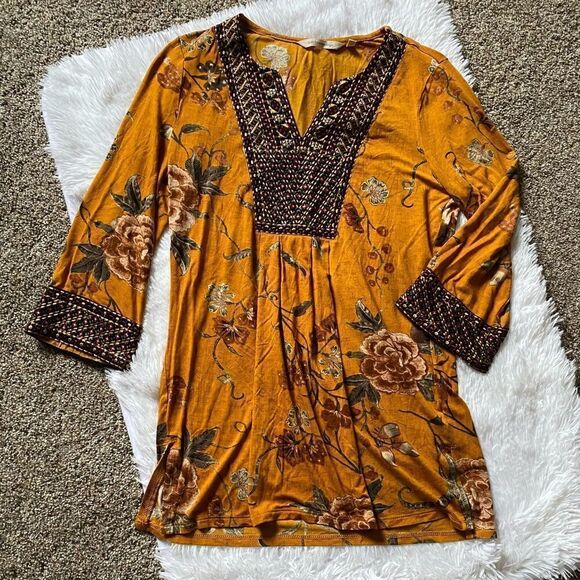 Soft Surroundings Etana Mustard Yellow Floral Embroidered Tunic Top Size Small - Picture 1 of 11